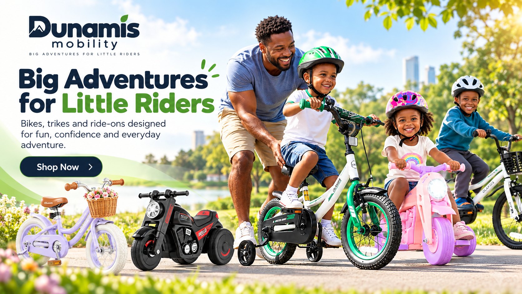 Children riding Olakids bikes and ride-on motorcycles in a sunny park